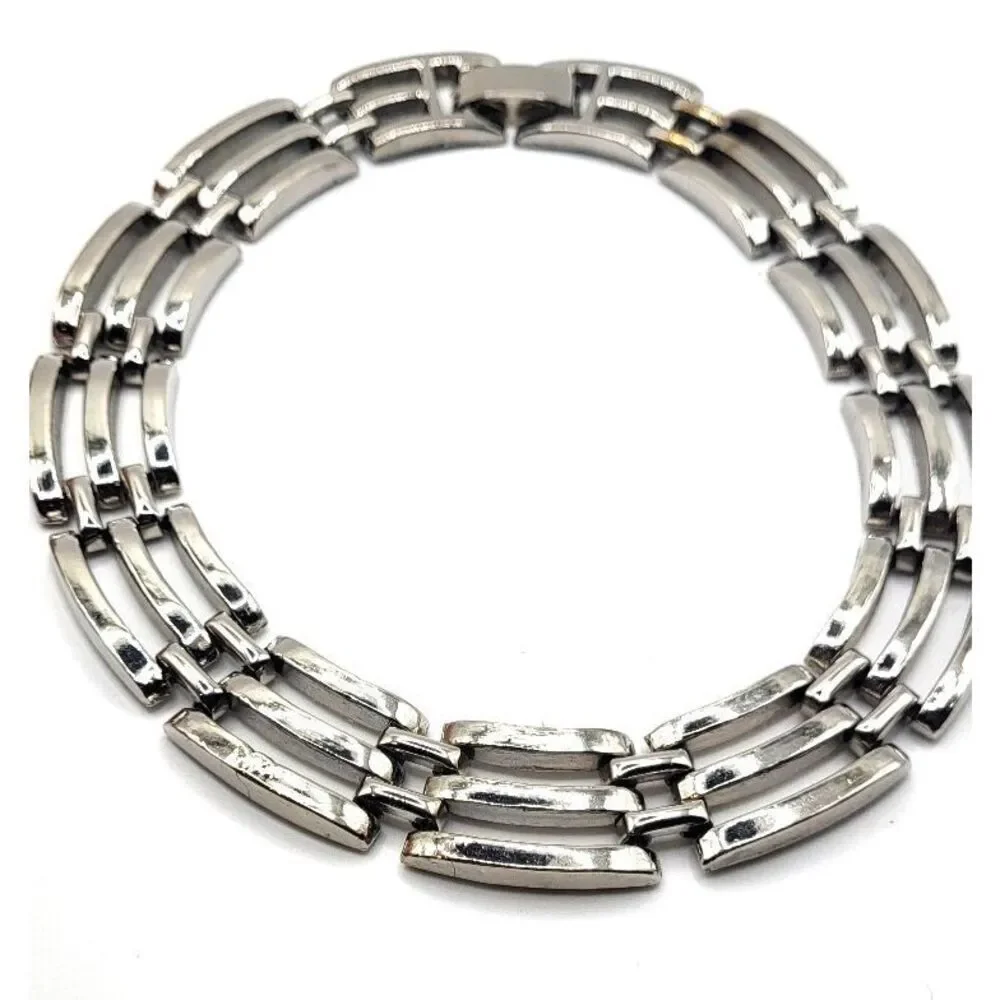 Mid Century Modern Choker Silver tone Retro Brutalist Lagenlook Artsy Vntg 15.5